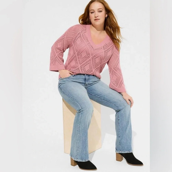 Torrid Pointelle Pullover V-Neck Sweater Size 1 1X Foxglove Pink Open Knit - Picture 1 of 6